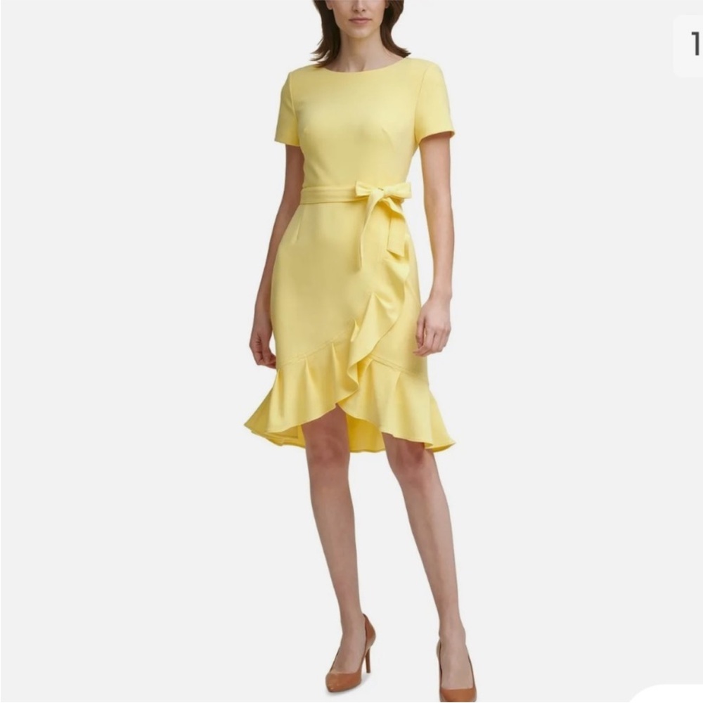 Calvin Klein Women's Yellow Ruffled Tulip-hem Short Sleeve Back Zip Crepe Dress